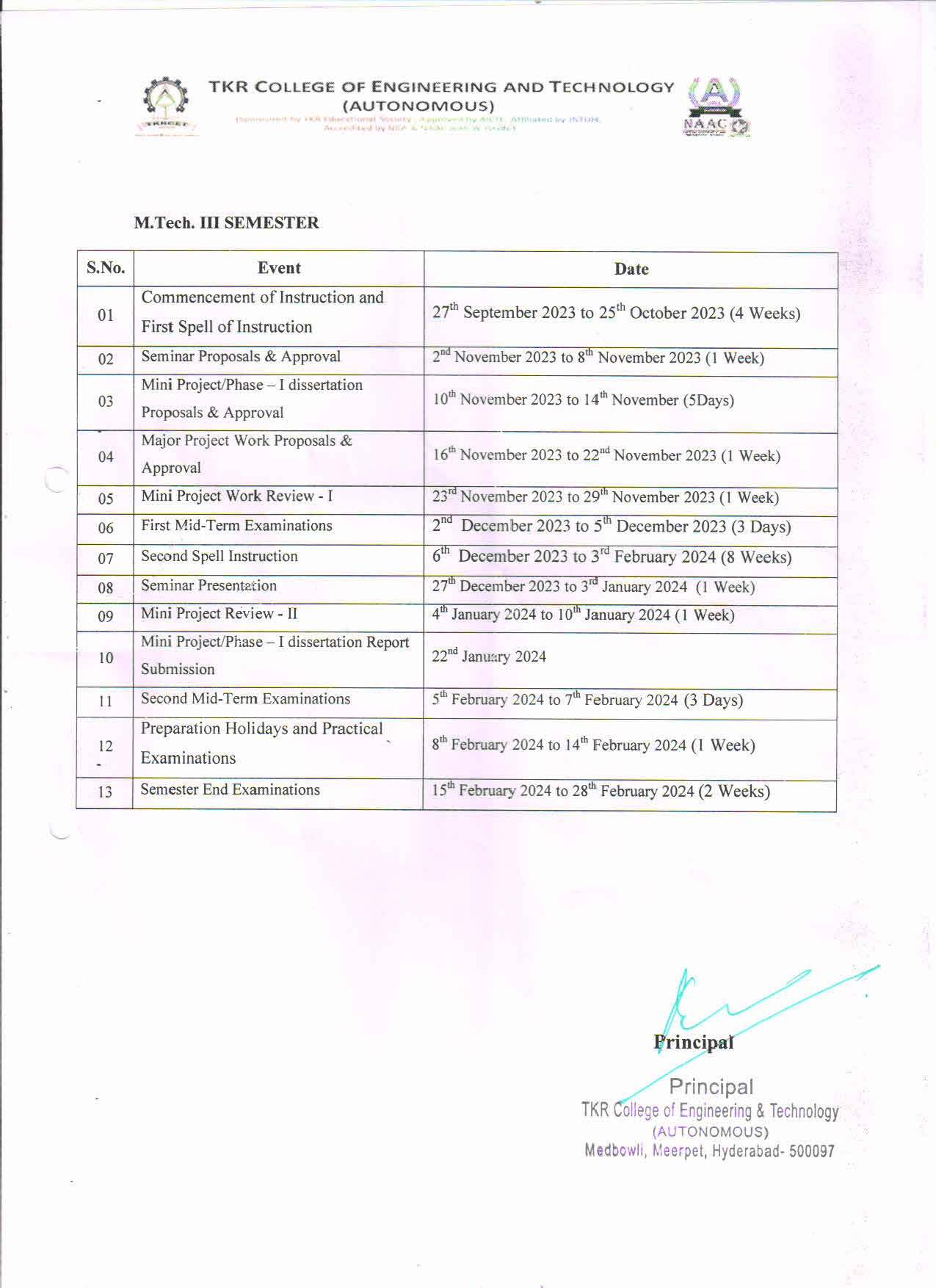 M.Tech III Sem Academic Calendar